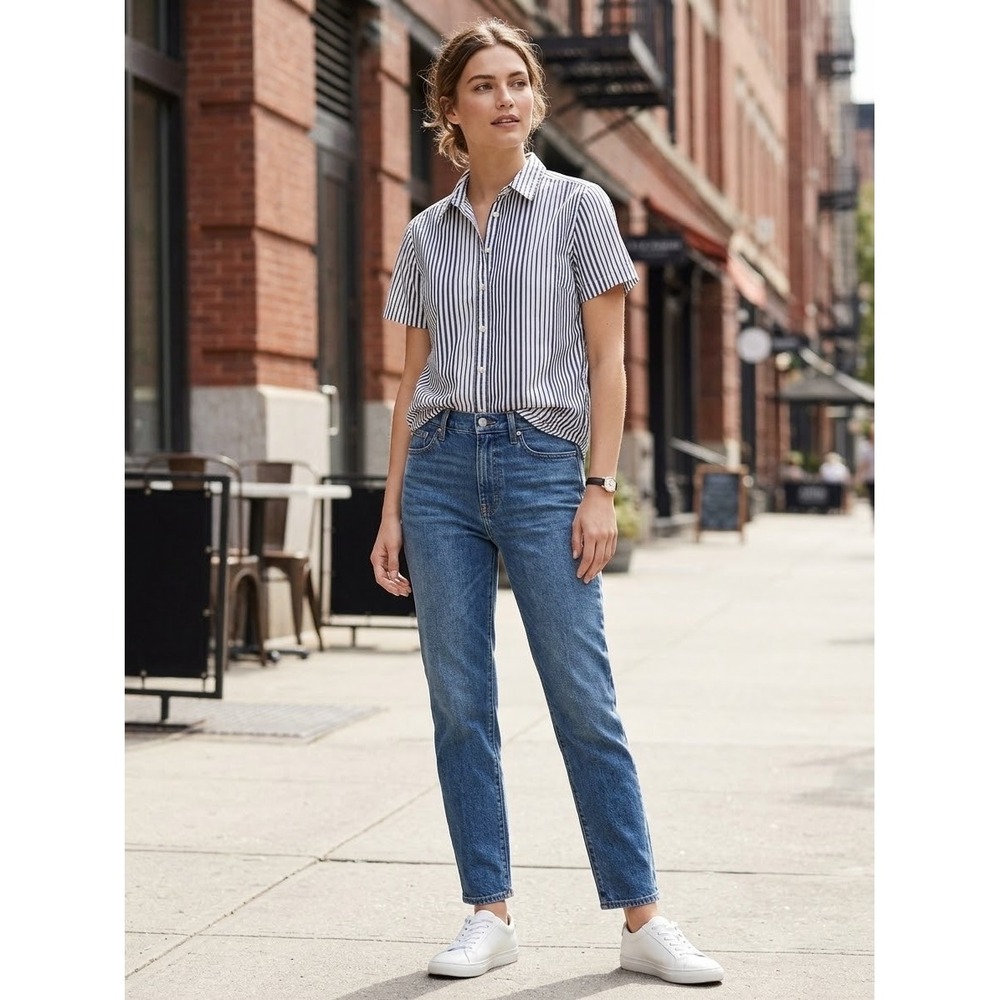 J.Crew Womens Navy White Striped Short Sleeve Button Down Shirt AW867 Size 8